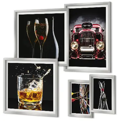 Set slika iznad kauča elegantne retro teme s motivima automobila i pića