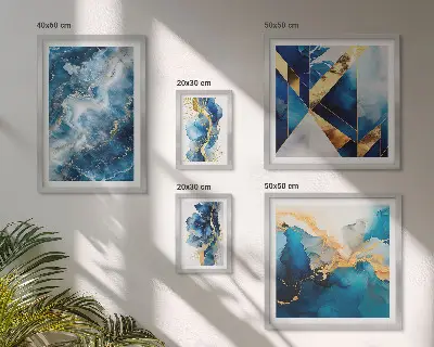 Apstraktne plave kompozicije set od 5 slika u okviru