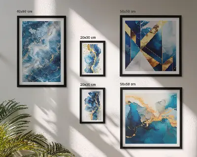Apstraktne plave kompozicije set od 5 slika u okviru