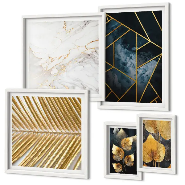 Set slika za zid iznad kauča elegantno lišće i geometrijski uzorci