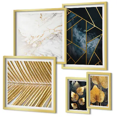 Set slika za zid iznad kauča elegantno lišće i geometrijski uzorci