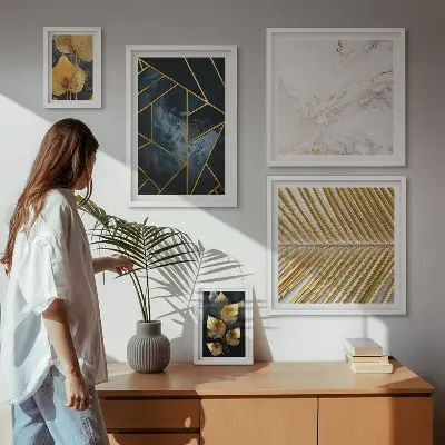 Set slika za zid iznad kauča elegantno lišće i geometrijski uzorci