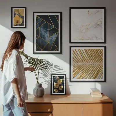 Set slika za zid iznad kauča elegantno lišće i geometrijski uzorci