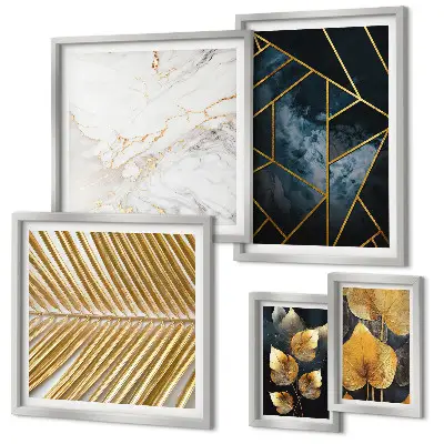 Set slika za zid iznad kauča elegantno lišće i geometrijski uzorci