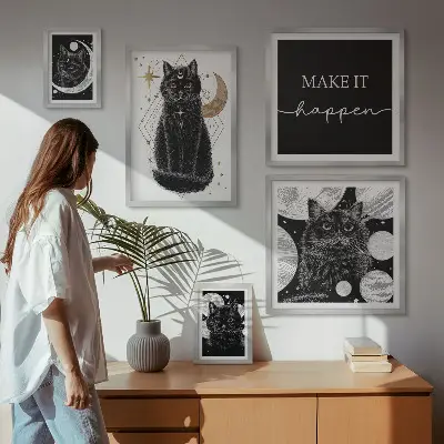 Set slika za iznad kauča boho motiv crnih mačaka