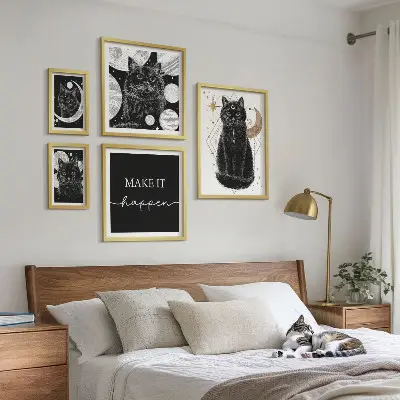 Set slika za iznad kauča boho motiv crnih mačaka