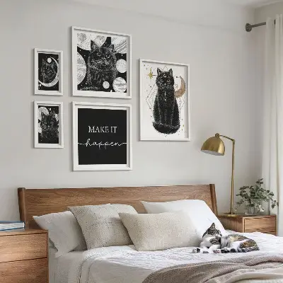 Set slika za iznad kauča boho motiv crnih mačaka