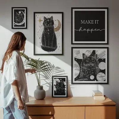 Set slika za iznad kauča boho motiv crnih mačaka