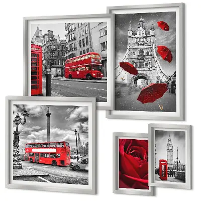 Set 5 slika u okviru londonski motivi s crvenim naglascima