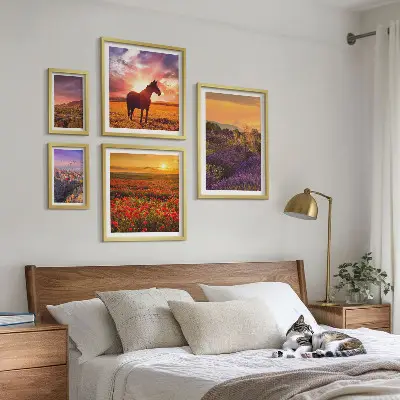 Set slika iznad kauča s motivima prirode, konja i cvijeća