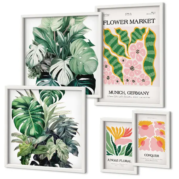 Set od 5 slika u okviru biljni motivi s boho cvijećem
