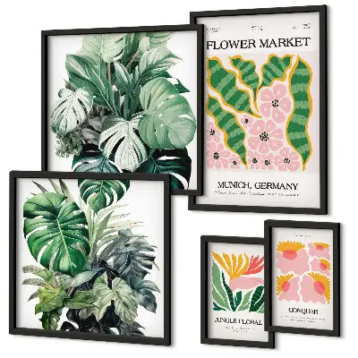 Set od 5 slika u okviru biljni motivi s boho cvijećem