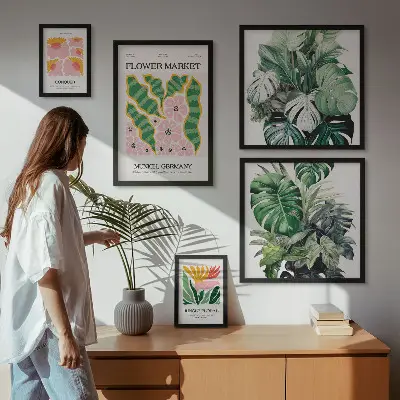 Set od 5 slika u okviru biljni motivi s boho cvijećem