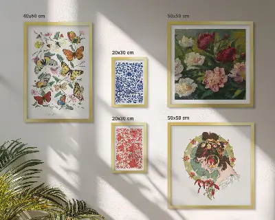 Set od 5 slika u okviru cvijeće i leptiri s vintage ukrasima