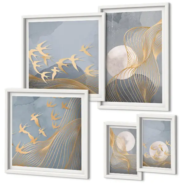 Apstraktni valovi i ptice set od 5 slika u okviru