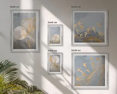 Apstraktni valovi i ptice set od 5 slika u okviru