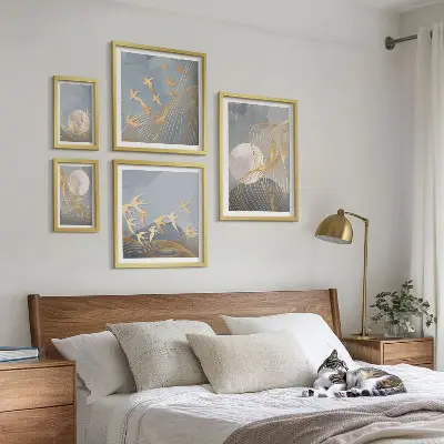 Apstraktni valovi i ptice set od 5 slika u okviru