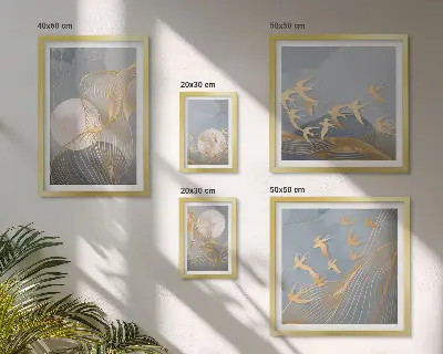 Apstraktni valovi i ptice set od 5 slika u okviru