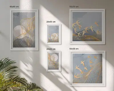 Apstraktni valovi i ptice set od 5 slika u okviru