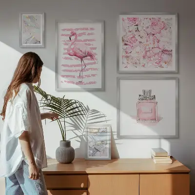 Set slika iznad kauča elegantni ružičasti detalji s motivom flaminga i cvijeća