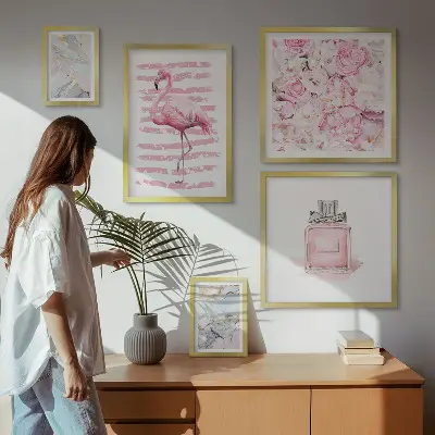 Set slika iznad kauča elegantni ružičasti detalji s motivom flaminga i cvijeća