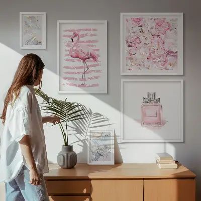 Set slika iznad kauča elegantni ružičasti detalji s motivom flaminga i cvijeća
