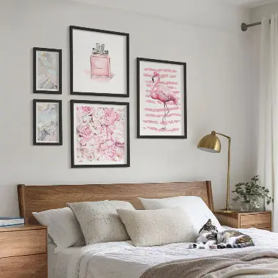 Set slika iznad kauča elegantni ružičasti detalji s motivom flaminga i cvijeća