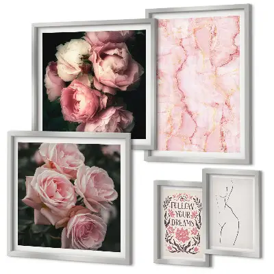 Ružičasto cvijeće u boho stilu set od 5 slika u okviru
