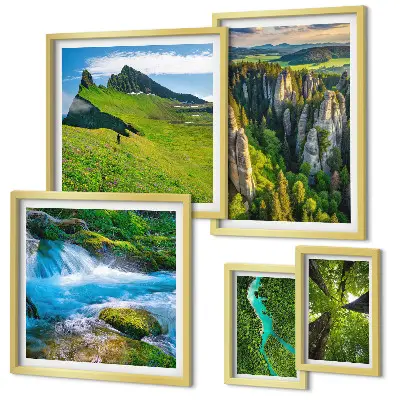 Set 5 slika u okviru krajolici s motivima planina, rijeka i šuma
