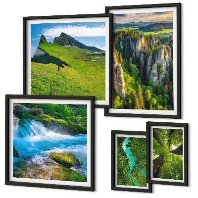 Set 5 slika u okviru krajolici s motivima planina, rijeka i šuma