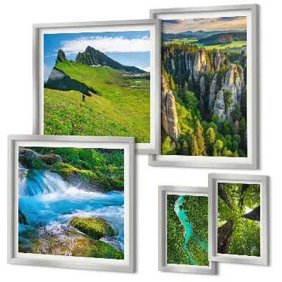 Set 5 slika u okviru krajolici s motivima planina, rijeka i šuma