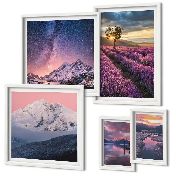 Set slika iznad kauča krajolici prirode s planinama lavande