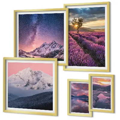 Set slika iznad kauča krajolici prirode s planinama lavande