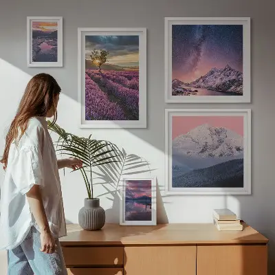 Set slika iznad kauča krajolici prirode s planinama lavande