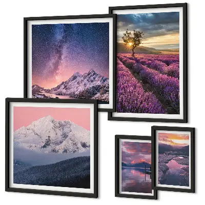 Set slika iznad kauča krajolici prirode s planinama lavande