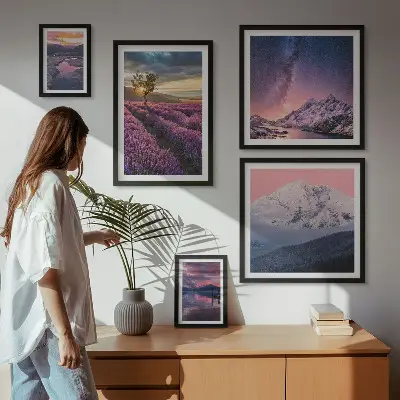 Set slika iznad kauča krajolici prirode s planinama lavande
