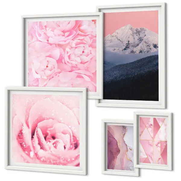 Set od 5 slika u okviru ružičasti pejzaži s motivom modernog cvijeća