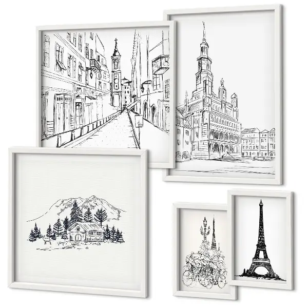 Set slika iznad kauča s elegantnim arhitektonskim ilustracijama set slika iznad kauča s motivima elegantnih arhitektonskih ilustracija