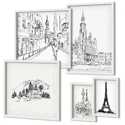 Set slika iznad kauča s elegantnim arhitektonskim ilustracijama set slika iznad kauča s motivima elegantnih arhitektonskih ilustracija