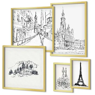 Set slika iznad kauča s elegantnim arhitektonskim ilustracijama set slika iznad kauča s motivima elegantnih arhitektonskih ilustracija