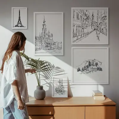 Set slika iznad kauča s elegantnim arhitektonskim ilustracijama set slika iznad kauča s motivima elegantnih arhitektonskih ilustracija