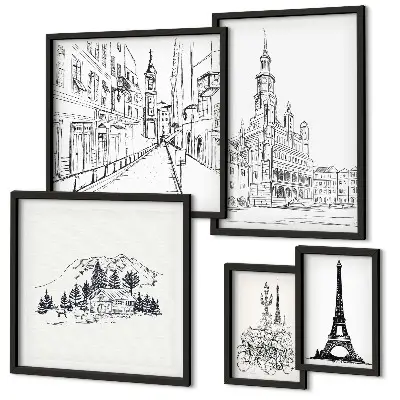 Set slika iznad kauča s elegantnim arhitektonskim ilustracijama set slika iznad kauča s motivima elegantnih arhitektonskih ilustracija