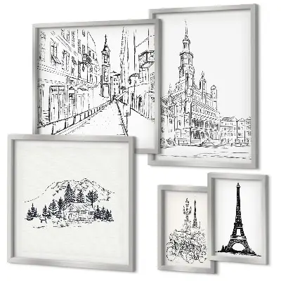 Set slika iznad kauča s elegantnim arhitektonskim ilustracijama set slika iznad kauča s motivima elegantnih arhitektonskih ilustracija