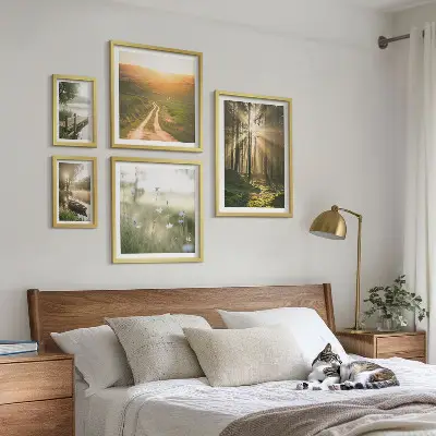 Set slika za iznad kauča šumski krajolik sa suncem i vodom