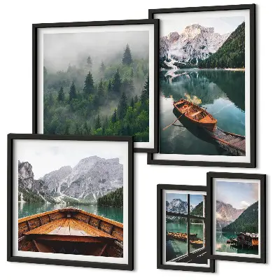 Set od 5 slika u okviru čamci na mirnim planinskim jezerima