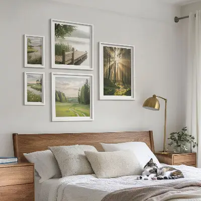 Set od 5 slika u okviru šumski krajolici sa suncem i vodom