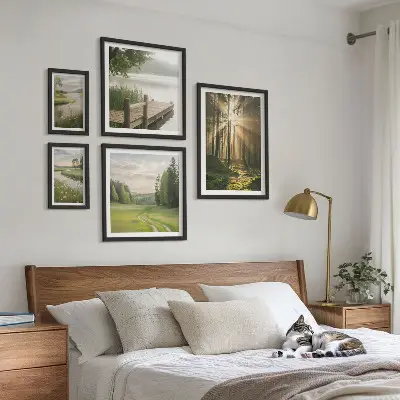 Set od 5 slika u okviru šumski krajolici sa suncem i vodom
