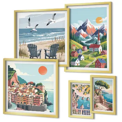 Set slika iznad kauča s motivom retro planinskih i morskih krajolika set slika s motivom retro planinskih i morskih krajolika