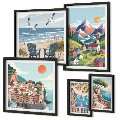 Set slika iznad kauča s motivom retro planinskih i morskih krajolika set slika s motivom retro planinskih i morskih krajolika