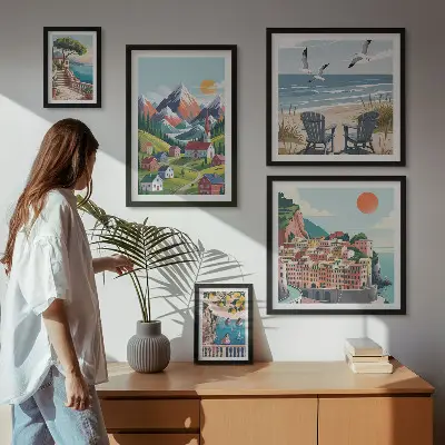 Set slika iznad kauča s motivom retro planinskih i morskih krajolika set slika s motivom retro planinskih i morskih krajolika